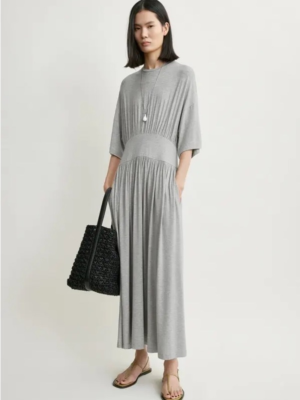 Toteme Jersey gathered midi dress pale gray malange size M luxurious pockets